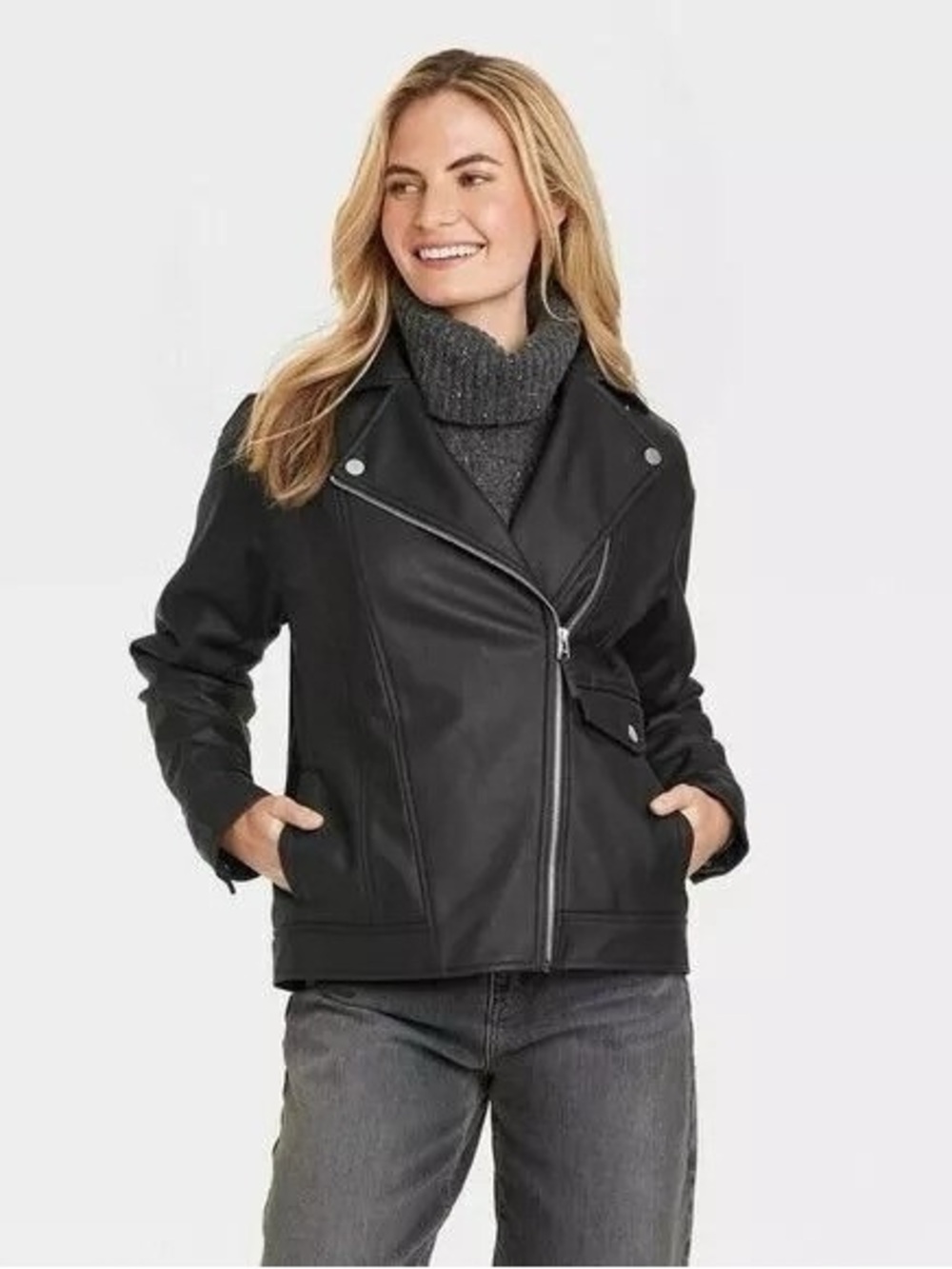Universal Thread Black Faux Leather Moto Jacket Zip Front Biker Grunge Size XL